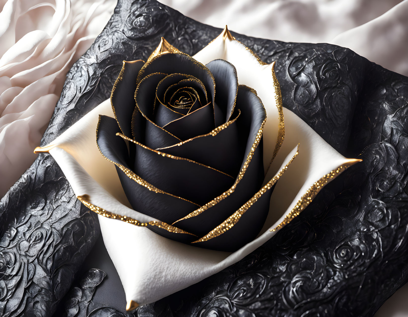 Black and White Rose with Golden Accents on Textured Cloth Surface