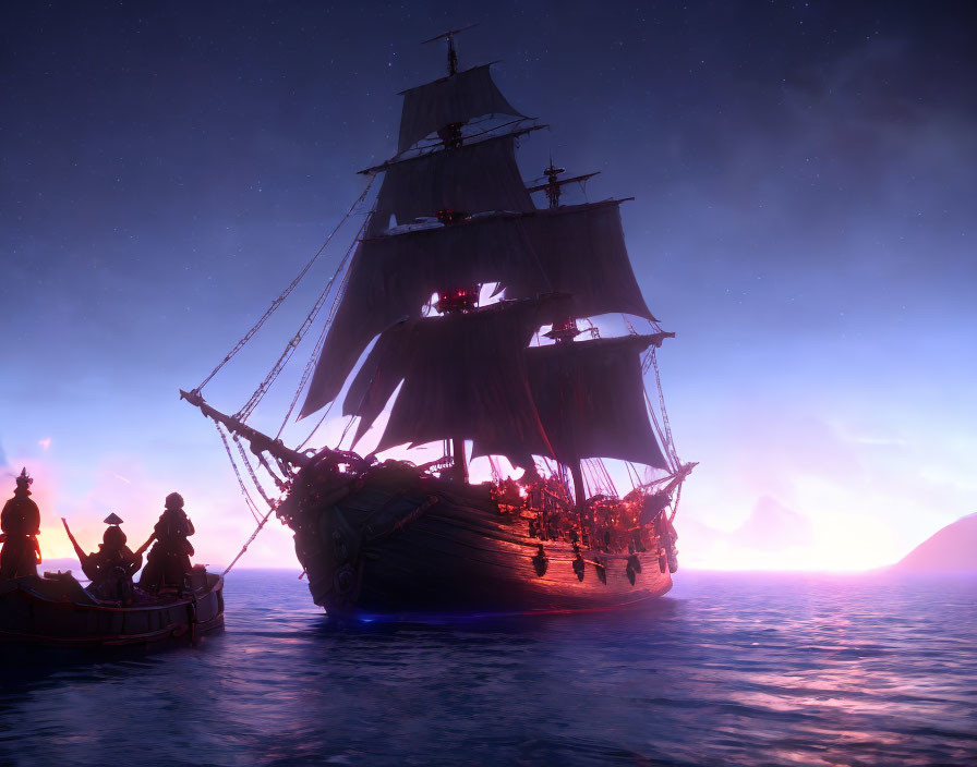 Sailing ship with illuminated windows at twilight near rowboat and crew