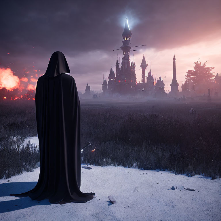 Mysterious figure in cloak by fantasy castle at dusk