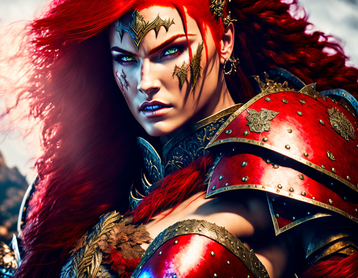 Red-haired female warrior with blue eyes in elaborate red and gold armor