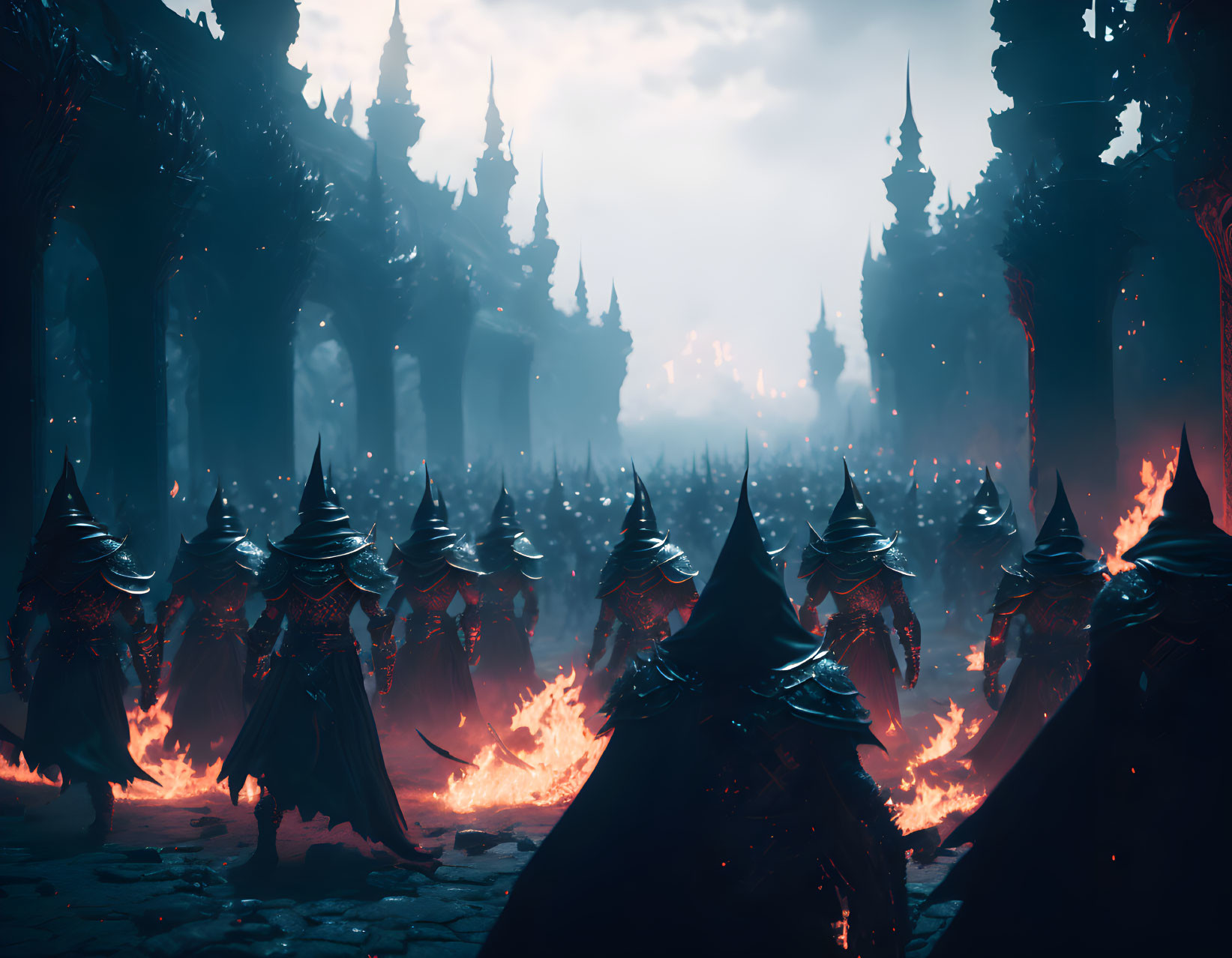 Dark hooded figures with fiery bases march through gothic archway in blue forest