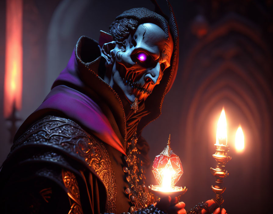 Skull-faced figure with candlestick and glowing orb in gothic setting