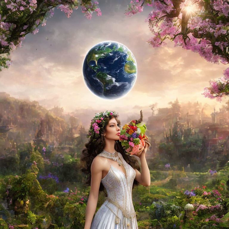 Woman in white dress with floral wreath in enchanted forest holding colorful bouquet and gazing at floating earth