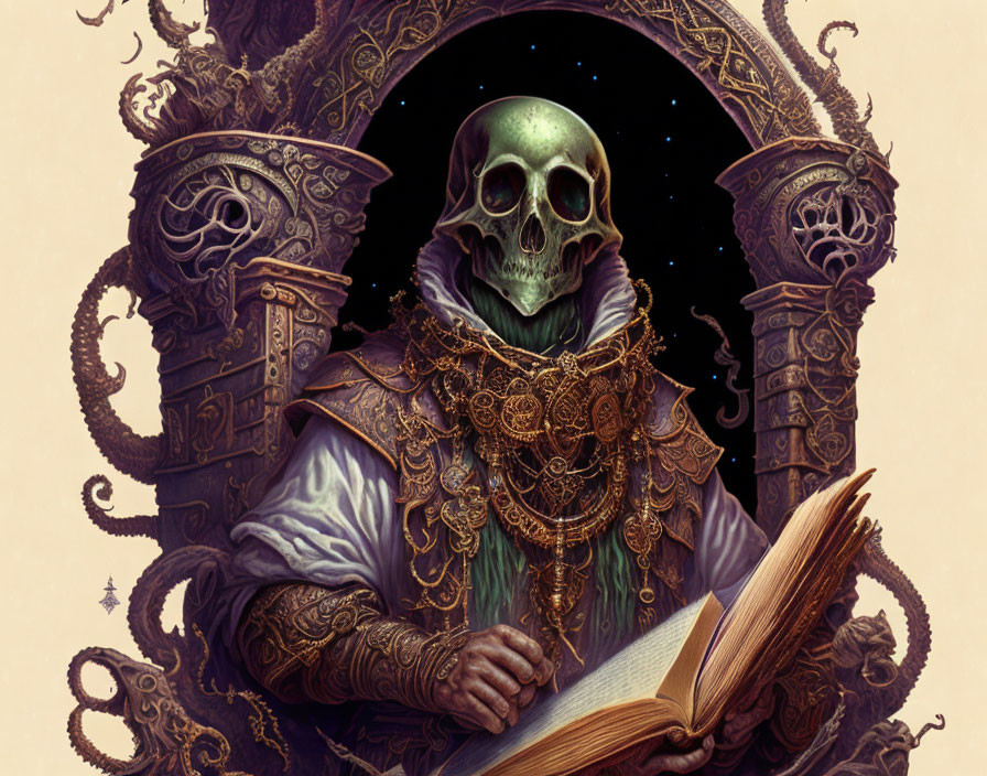 Skeletal figure in ornate regalia with open book in cosmic archway