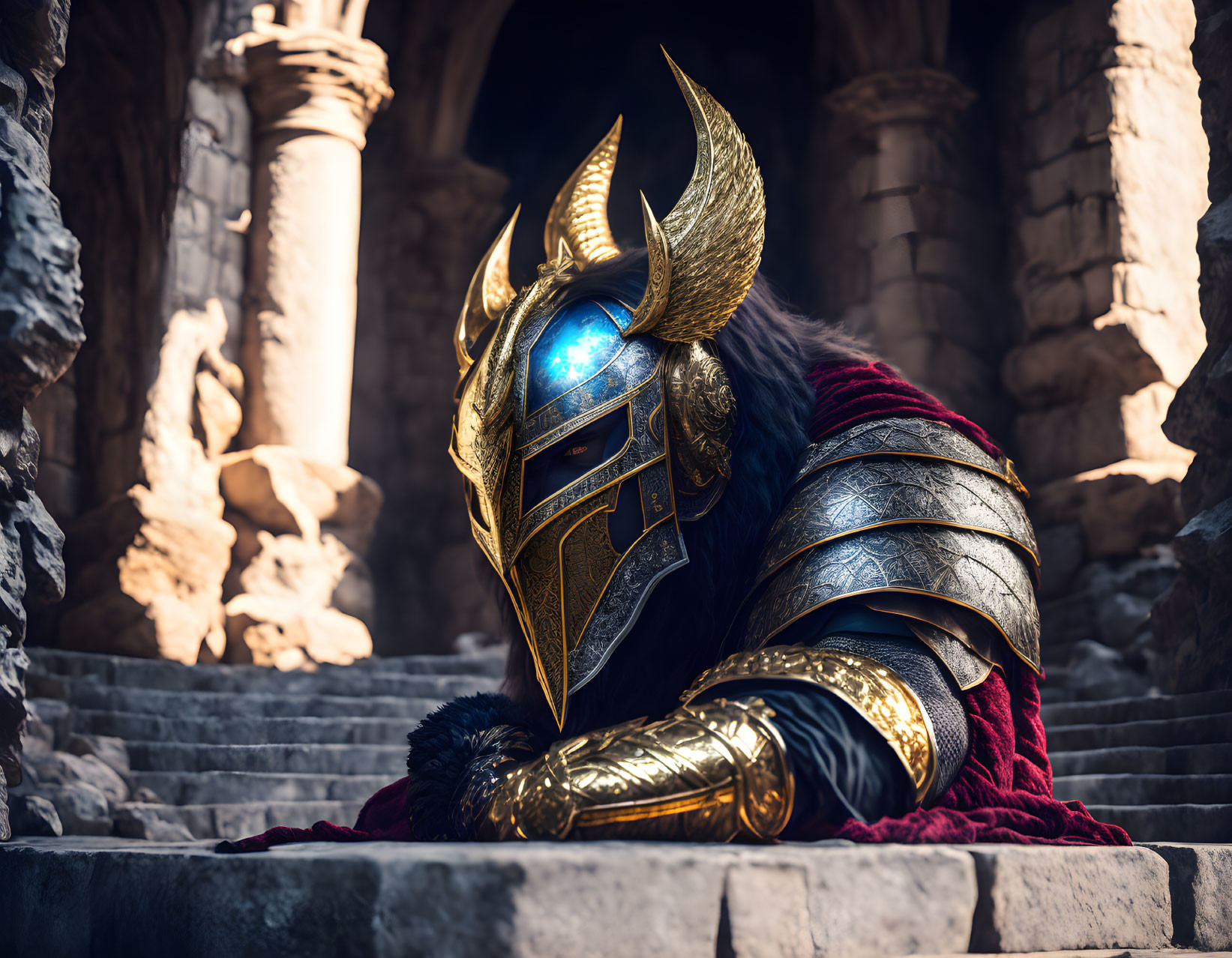 Golden-armored warrior in horned helmet seated in ancient hall