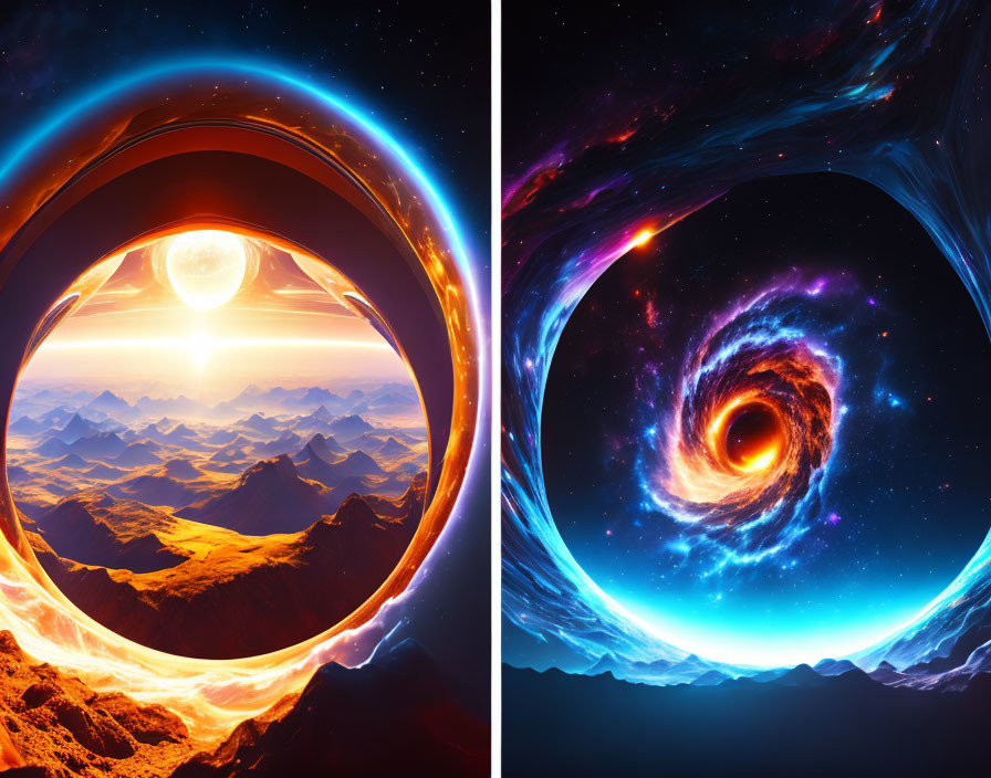 Split Image of Vibrant Landscape and Galaxy Portal Above Mountainous Terrain