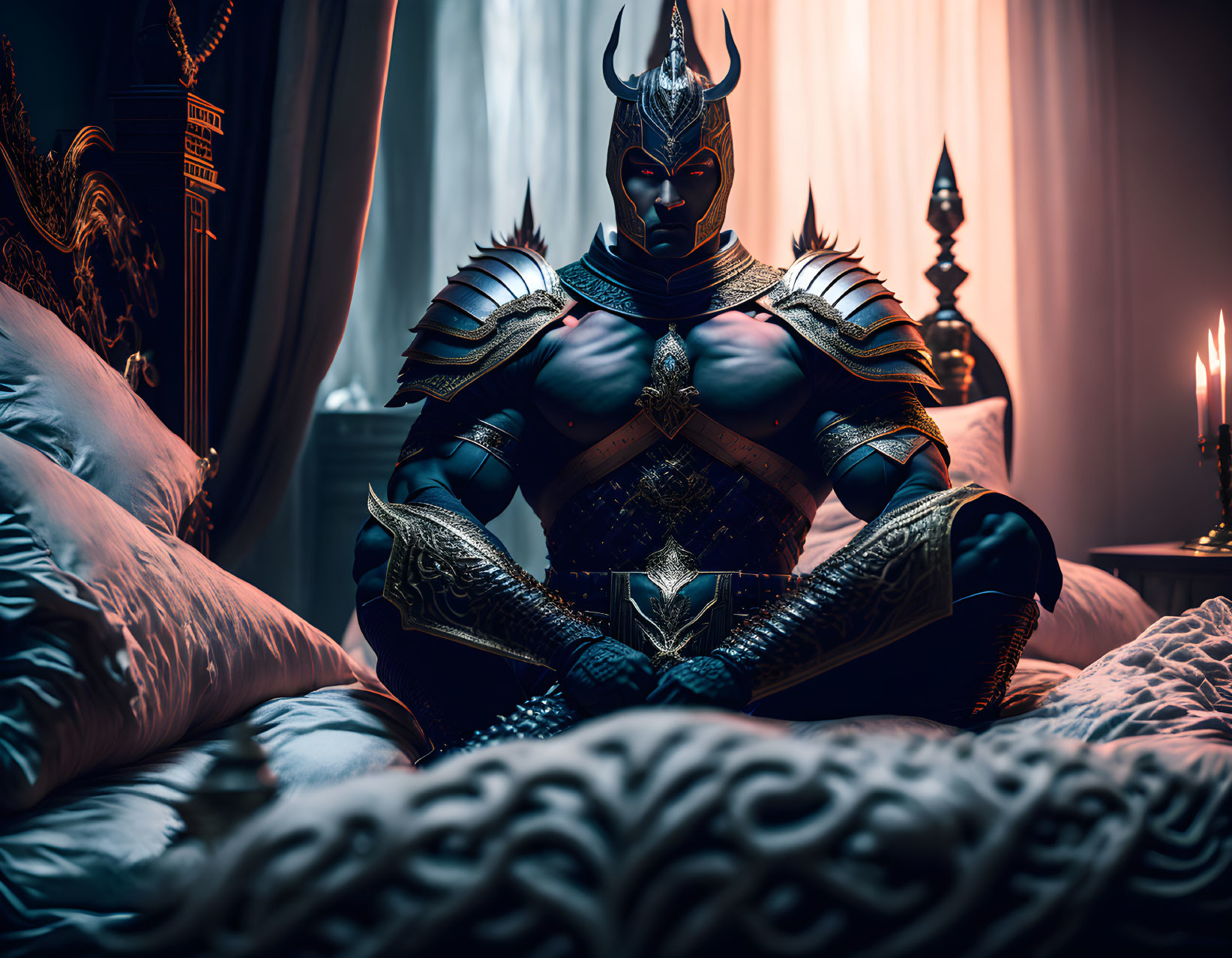 Dark Armored Figure with Horns Sitting Regally in Candlelit Room