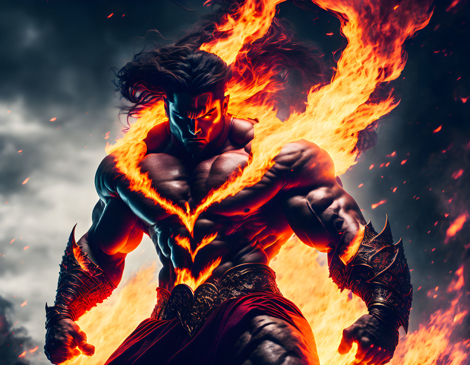 Muscular character engulfed in flames under dramatic sky