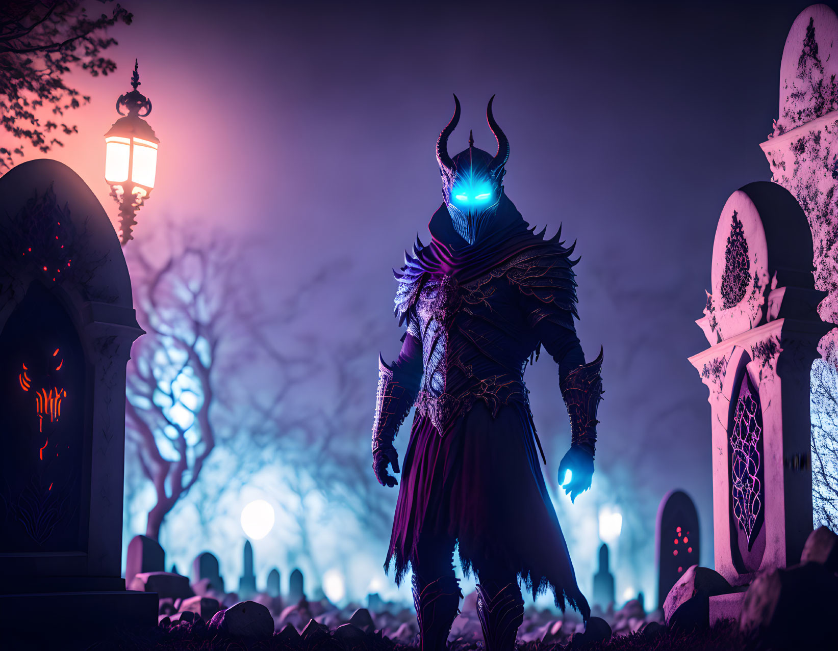 Menacing figure with glowing blue eyes in graveyard at night with horned helmet and dark armor near lantern