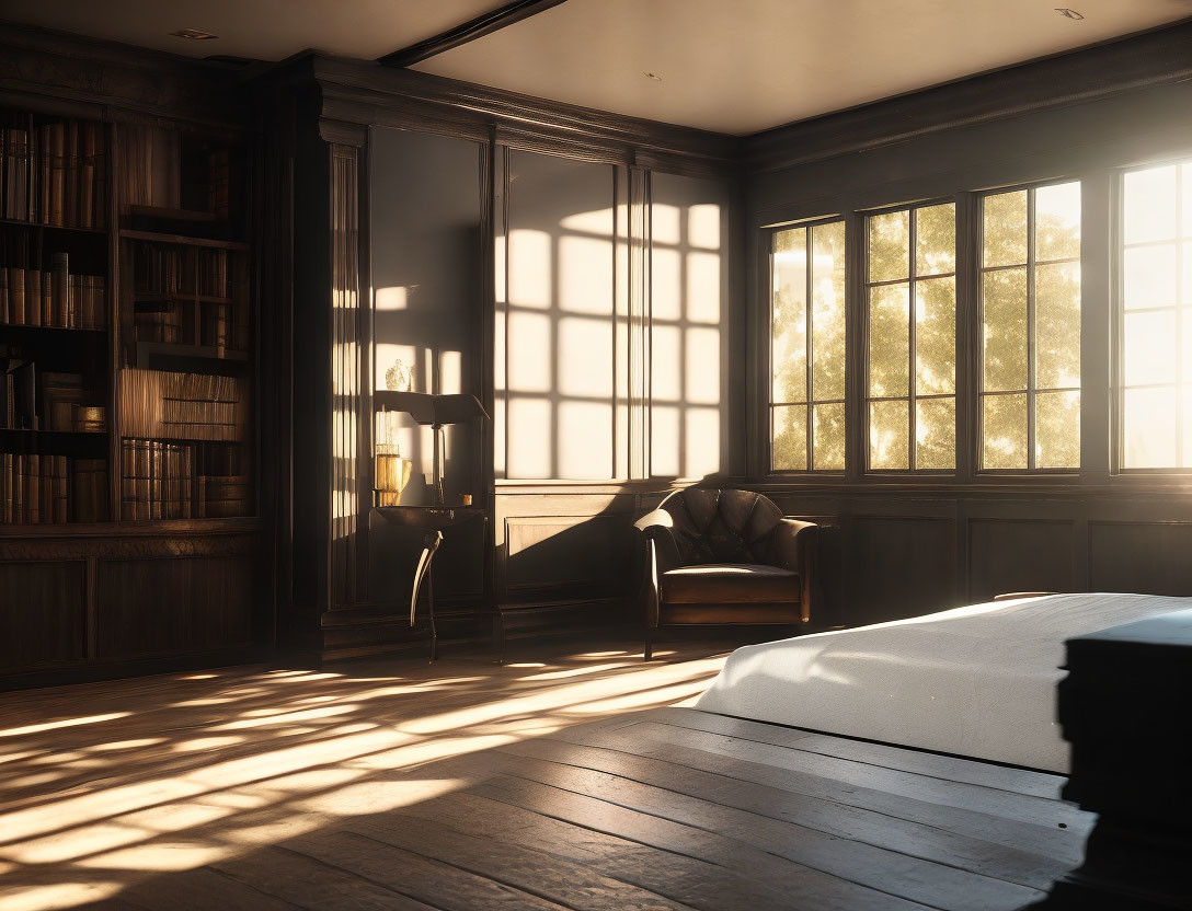 Cozy room with bookshelves and reading chair bathed in sunlight