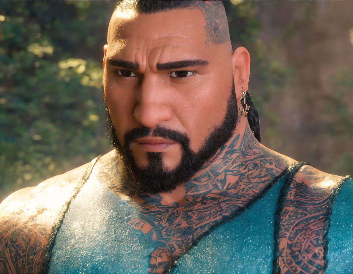 Detailed close-up of 3D-animated muscular male character with tribal tattoos