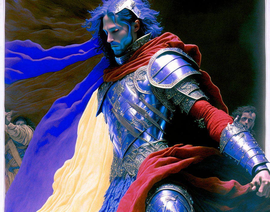 Illustration of Blue-Skinned Warrior in Armor with Red Cape under Blue Sky