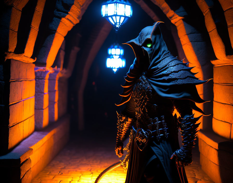 Hooded figure with glowing green eyes in stone corridor with blue lanterns