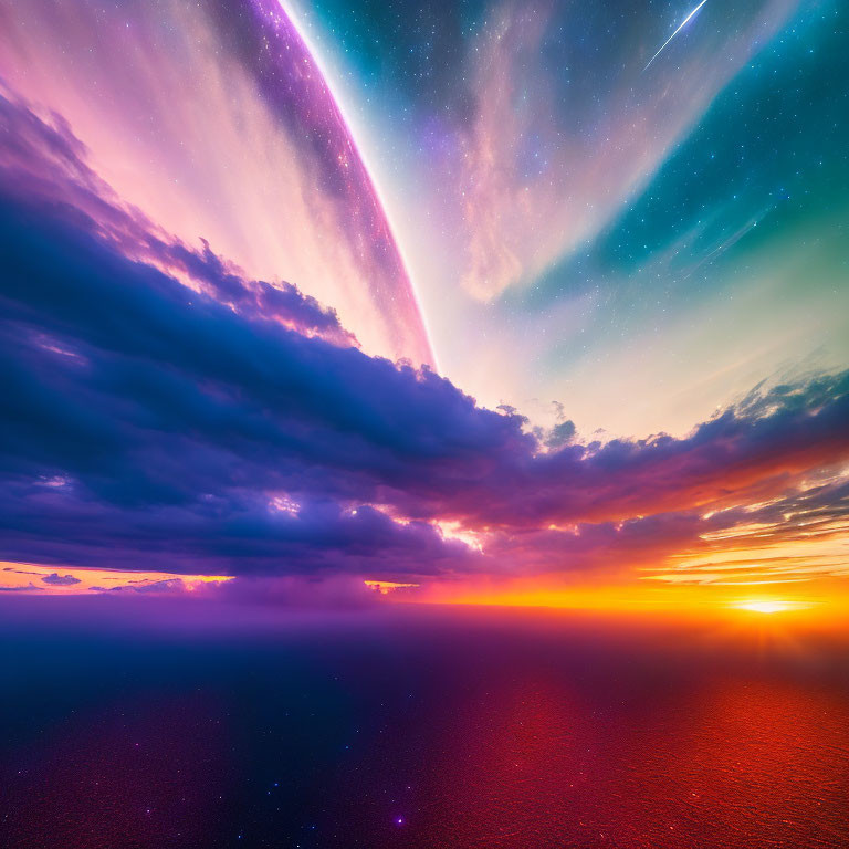 Colorful Northern Lights and shooting stars over serene sunset horizon.