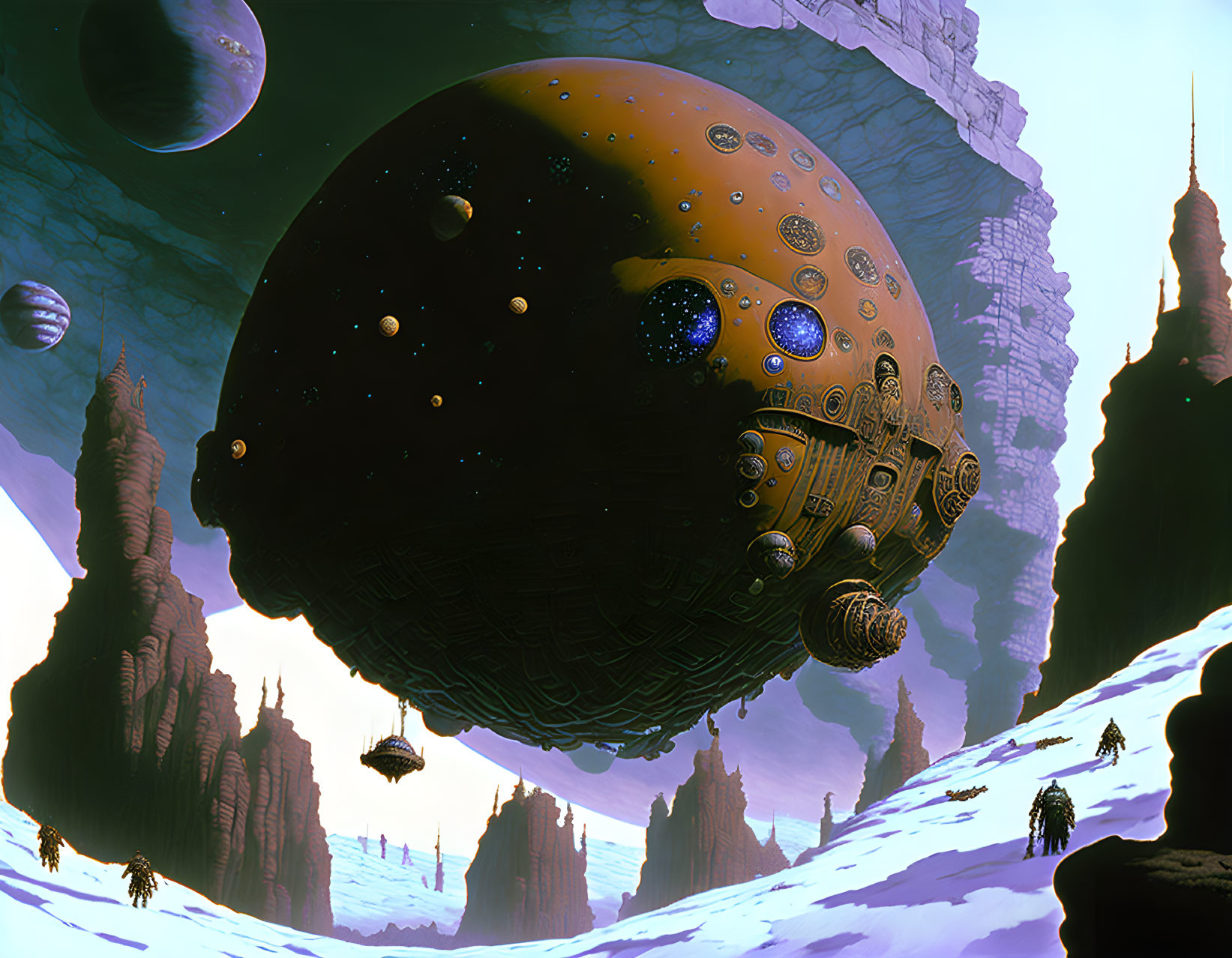 Detailed surreal sci-fi landscape with yellow planet and alien terrain.