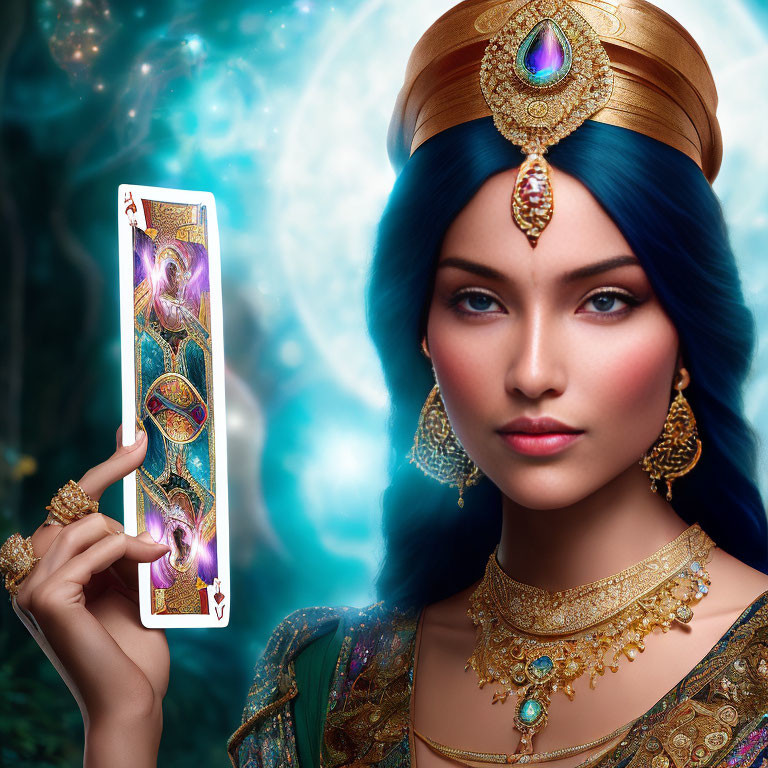 Woman with Blue Eyes in Golden Jewelry Holding Tarot Card in Forest