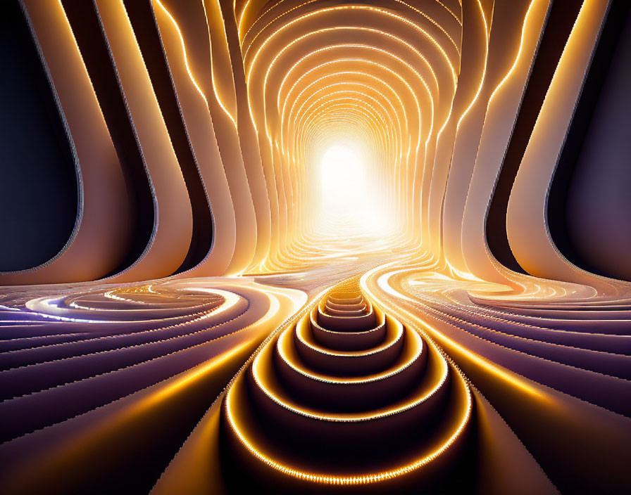 Surreal digital artwork of tunnel with curved lines and bright light