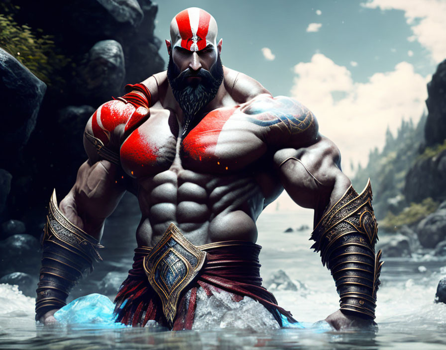 Tattooed warrior with red beard in armored gauntlets standing in water