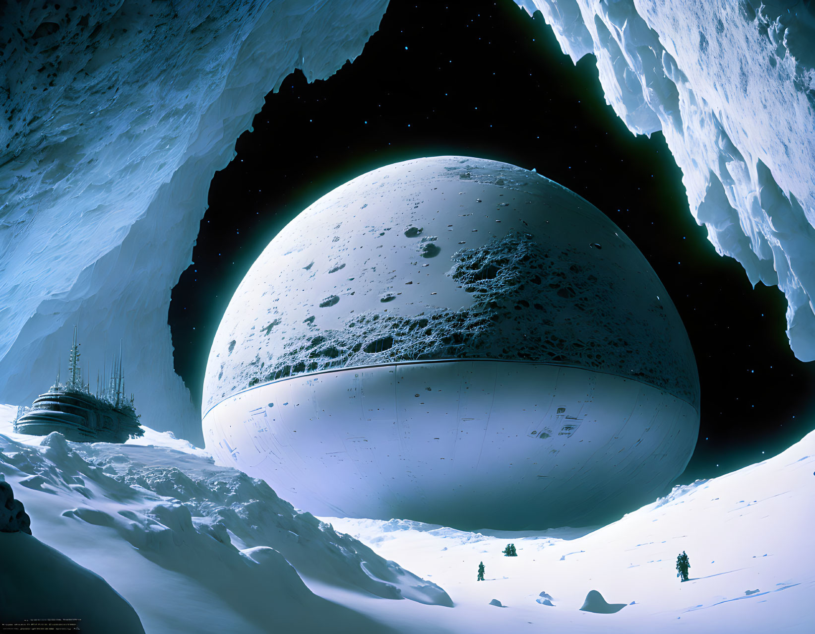 Icy Landscape with Towering Cliff and Giant Moon