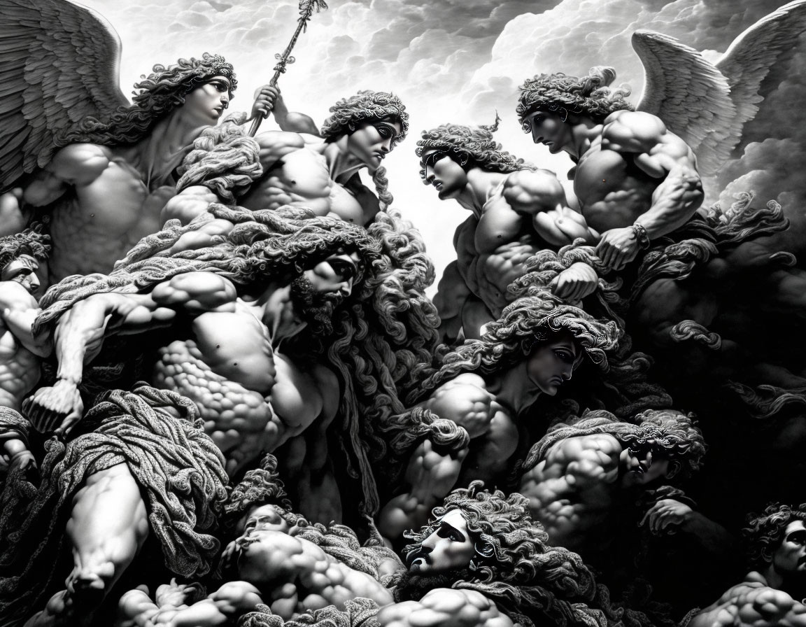 Monochromatic image of sculpted angels and figures with wings and clouds