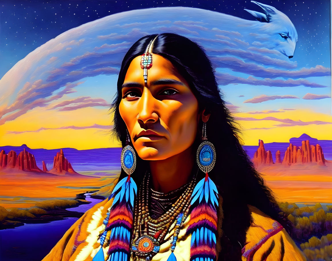 Native American figure in traditional attire against desert mesas at twilight