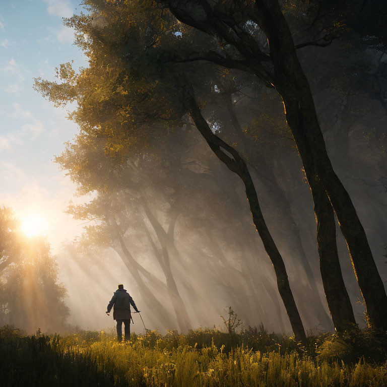 Sunlit forest with rays of sunlight, mist, and tall grass