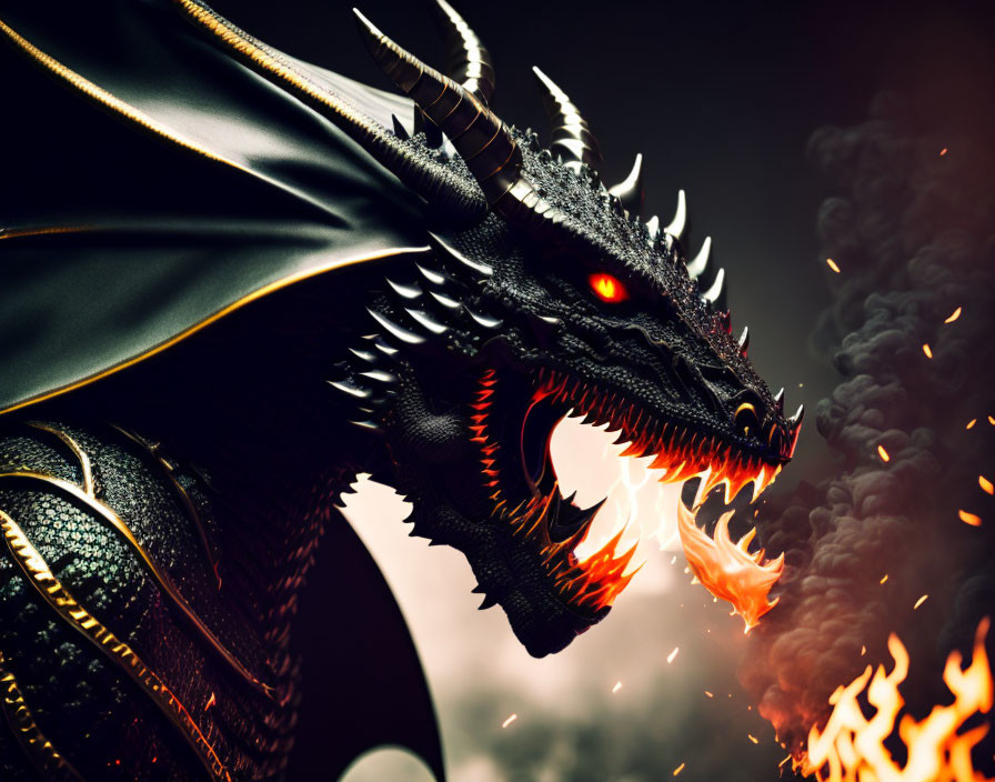 Black Dragon Breathing Fire Against Dark Background