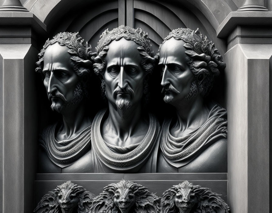 Intricately Carved Stone Busts of Bearded Men with Classical Features