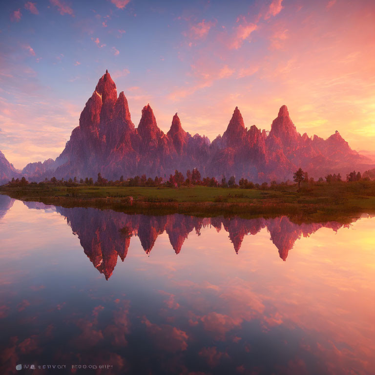 Scenic sunset over mountain peaks, pink and orange skies reflected in calm lake.