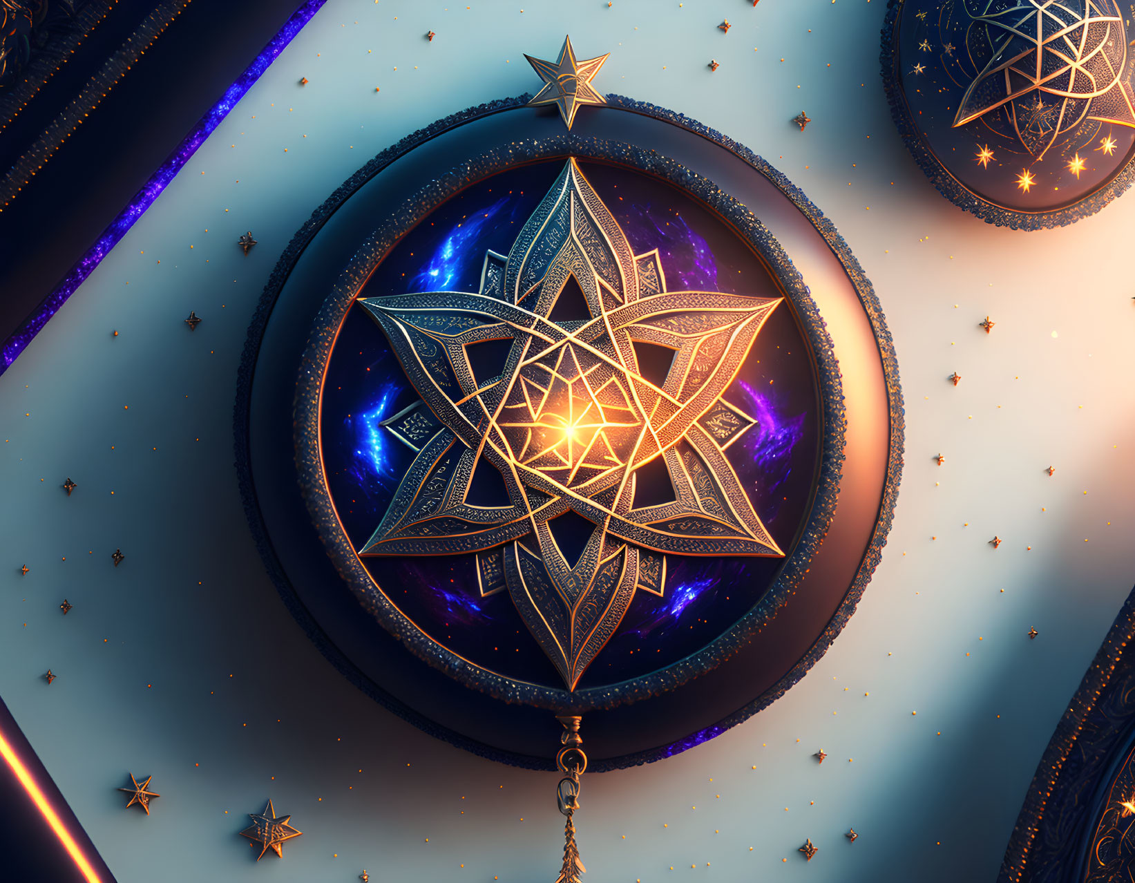 Intricate Star Pattern Emblem on Cosmic Background