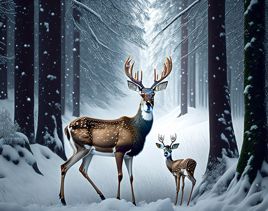 Majestic stag and small deer in snowy forest with gentle snowfall