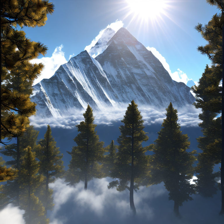 Majestic snow-capped mountain peak with sun rays, forest, and clouds