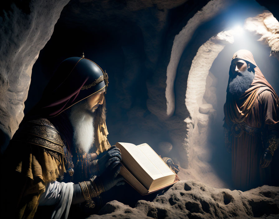 Historical figure reading book in cave with natural light, shadowy observer