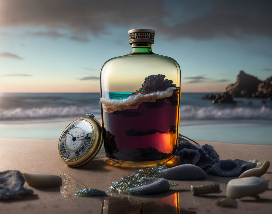 Seascape bottle on beach with pocket watch, pebbles, seashells at sunset