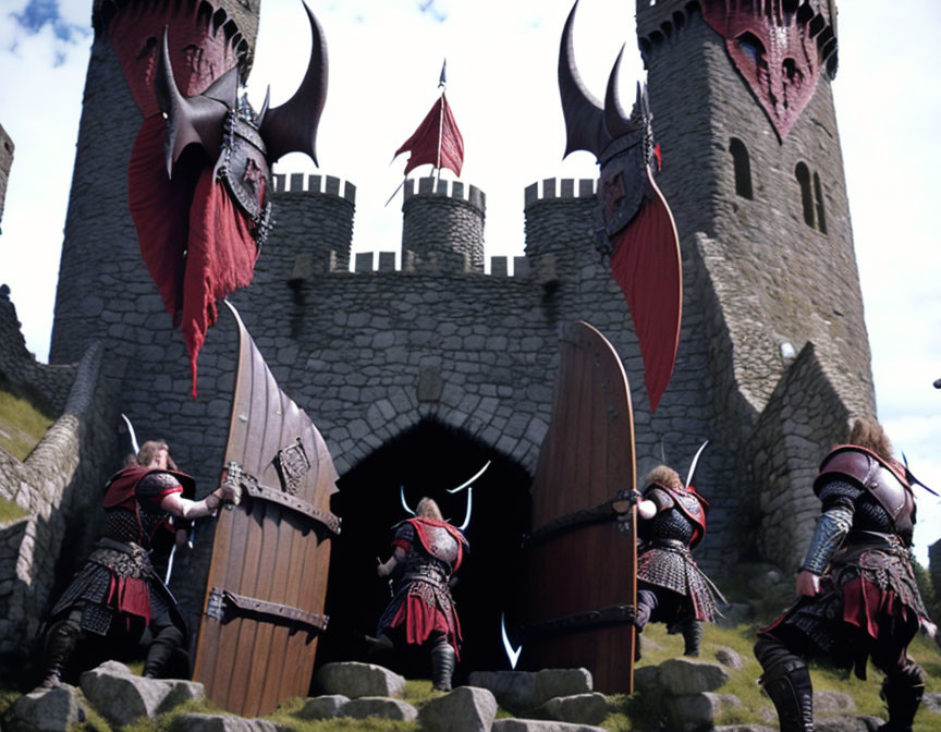 Armored warriors with shields approaching dragon-themed castle under cloudy sky