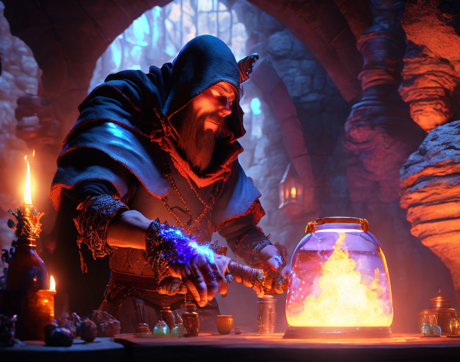 Hooded wizard casting magic with glowing orb and candles in stone chamber