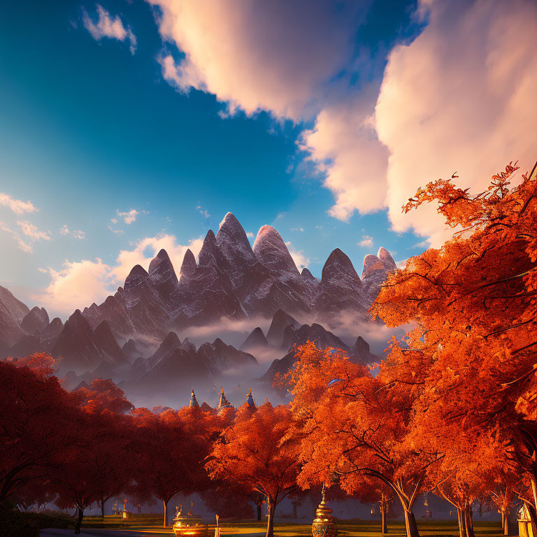 Autumn landscape with red trees, misty mountains, and orange sky