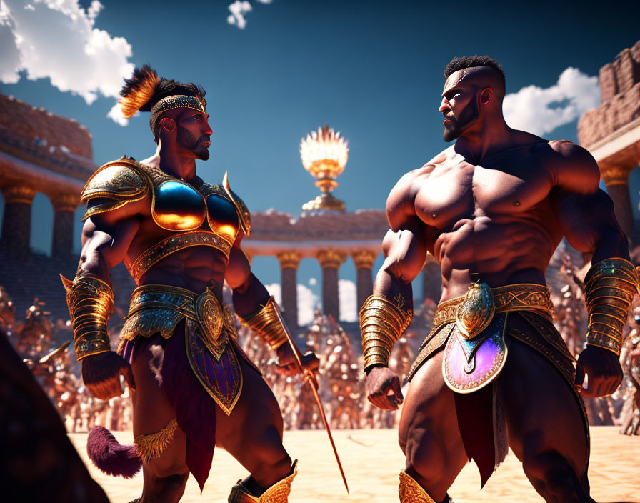 Muscular gladiators in ornate armor in classical arena setting