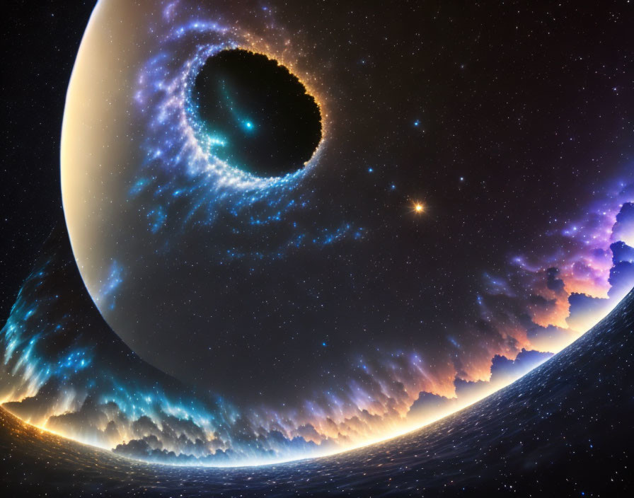 Cosmic digital artwork featuring black hole, planet, and vibrant nebula.