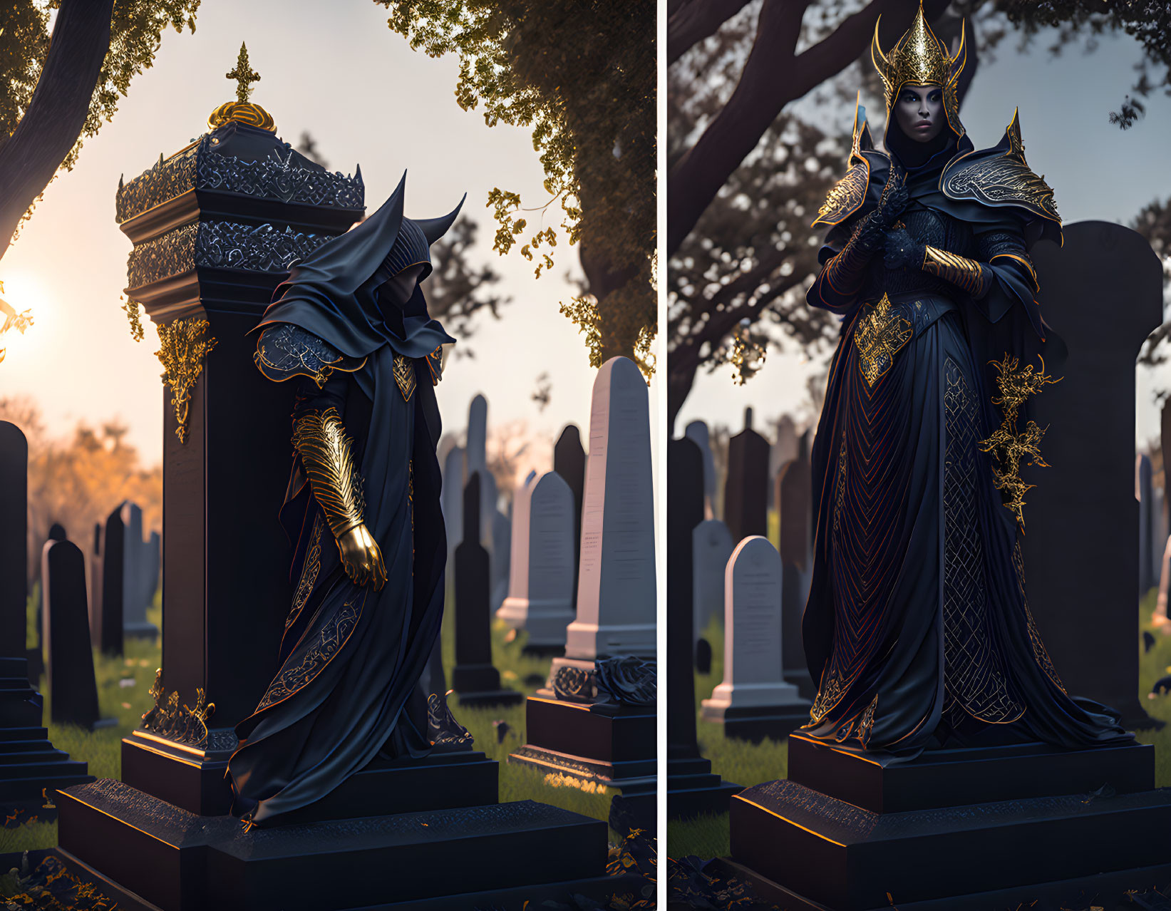 Fantasy-themed statue with intricate golden designs in cemetery setting