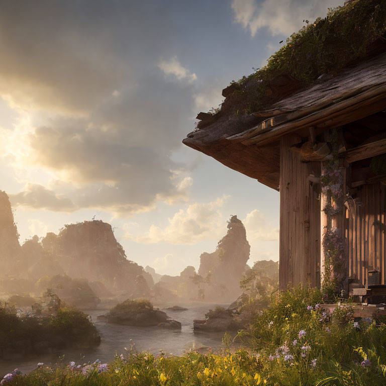 Serene river and old wooden hut among towering rocks under hazy sky