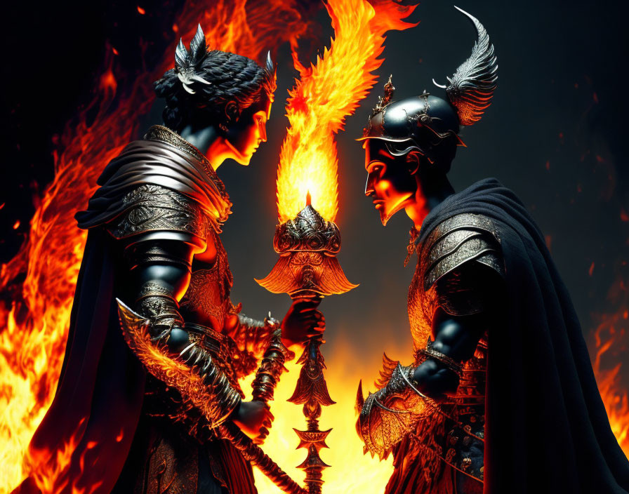 Armored mythical warriors with flaming sword in fiery backdrop