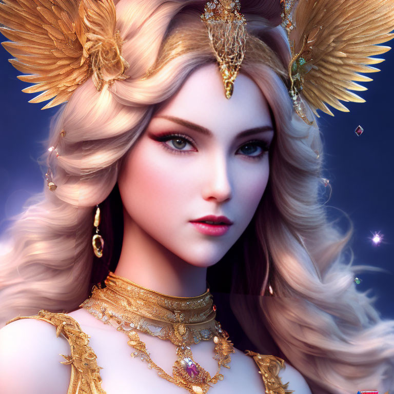 Fantasy female character with gold wings and white hair on blue background