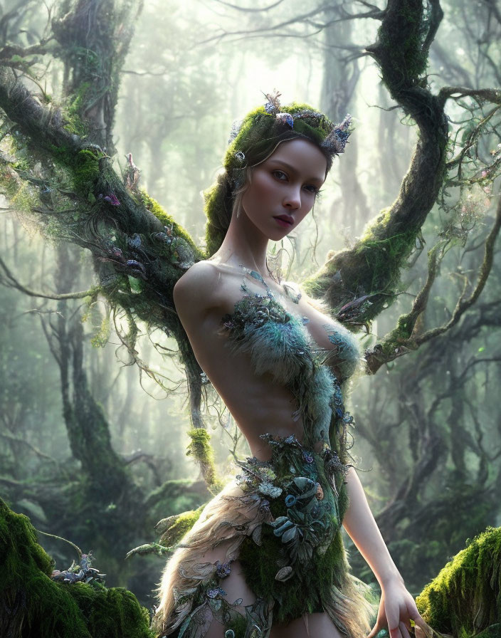 Mystical Woman in Enchanted Forest with Natural Elements