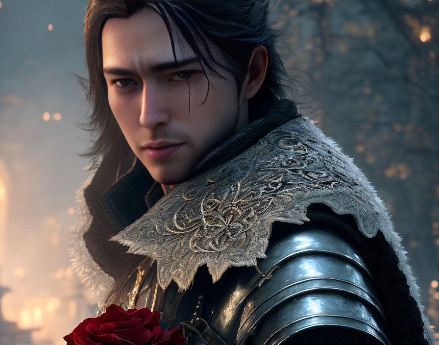 Detailed digital art: man in medieval armor with long hair, holding rose in enchanting forest.