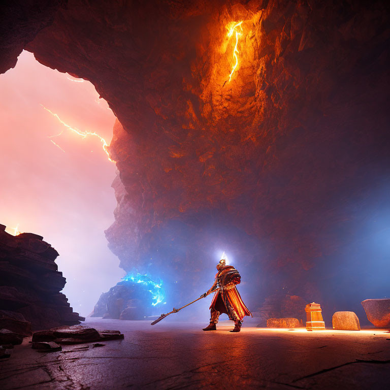 Knight with Spear in Mystical Cavern Lit by Blue and Orange Light