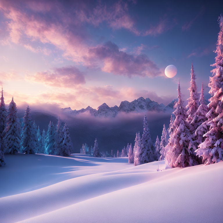 Snowy Landscape at Dusk: Full Moon, Pink Clouds, Mountain Range