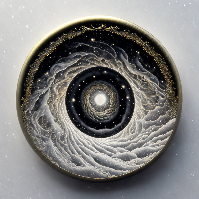 Circular Golden-Framed Galaxy Artwork on Snowy Background