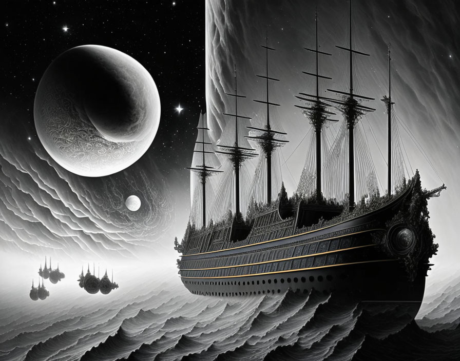 Sailing ship flying above night sky with planets and stars.