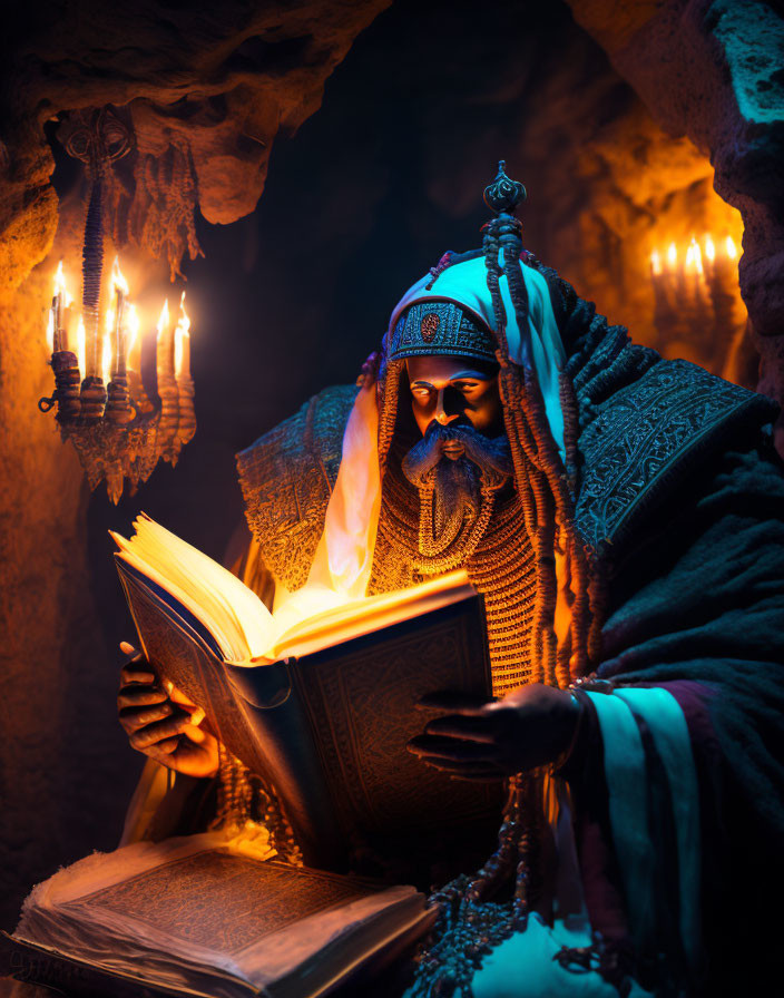 Bearded Figure Reading Illuminated Book in Candlelit Cave